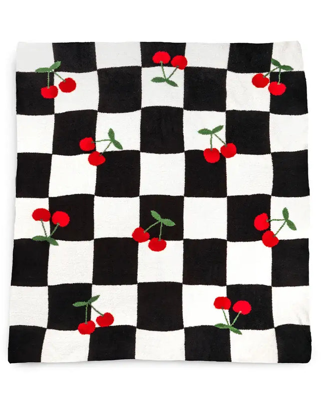 Checkered w/ Red Cherries Throw - Black & White