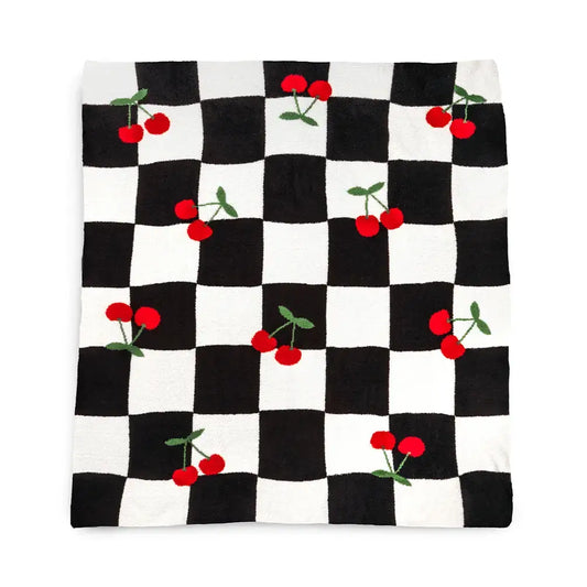 Checkered w/ Red Cherries Throw - Black & White