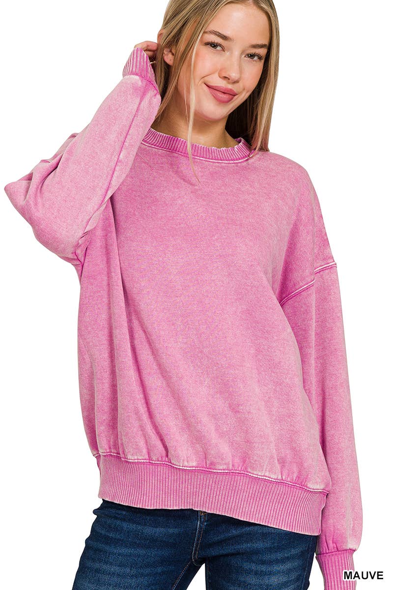 Acid Wash Fleece Oversized Pullover: MAUVE