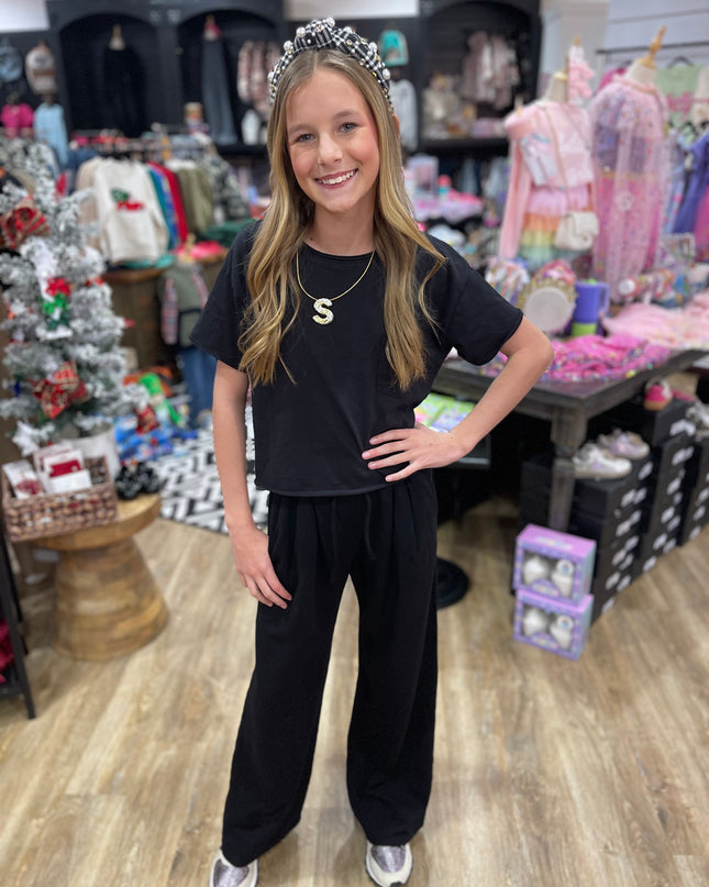 French Terry Pleated Wide Leg Lounge Pants | Black
