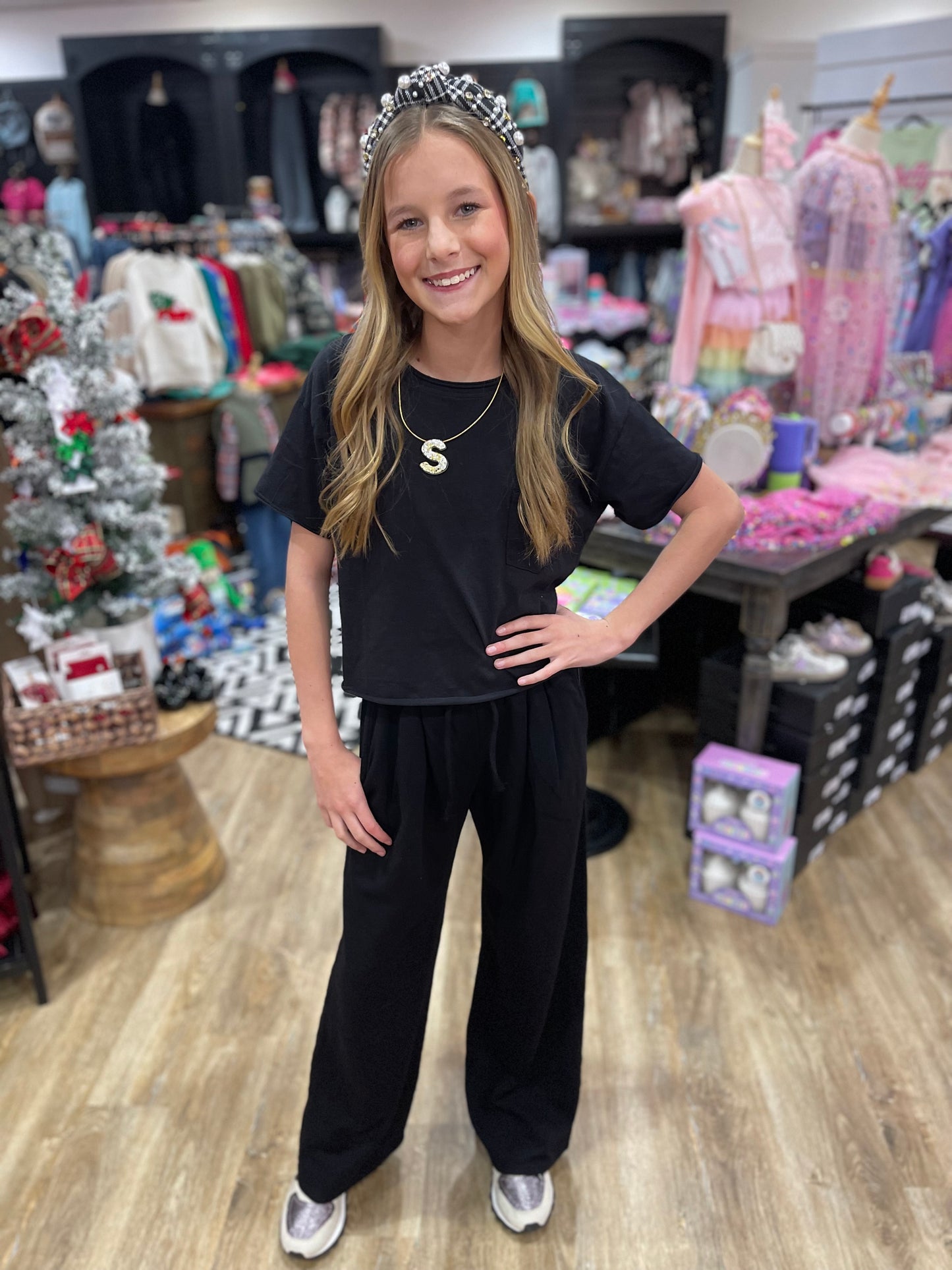 French Terry Pleated Wide Leg Lounge Pants | Black