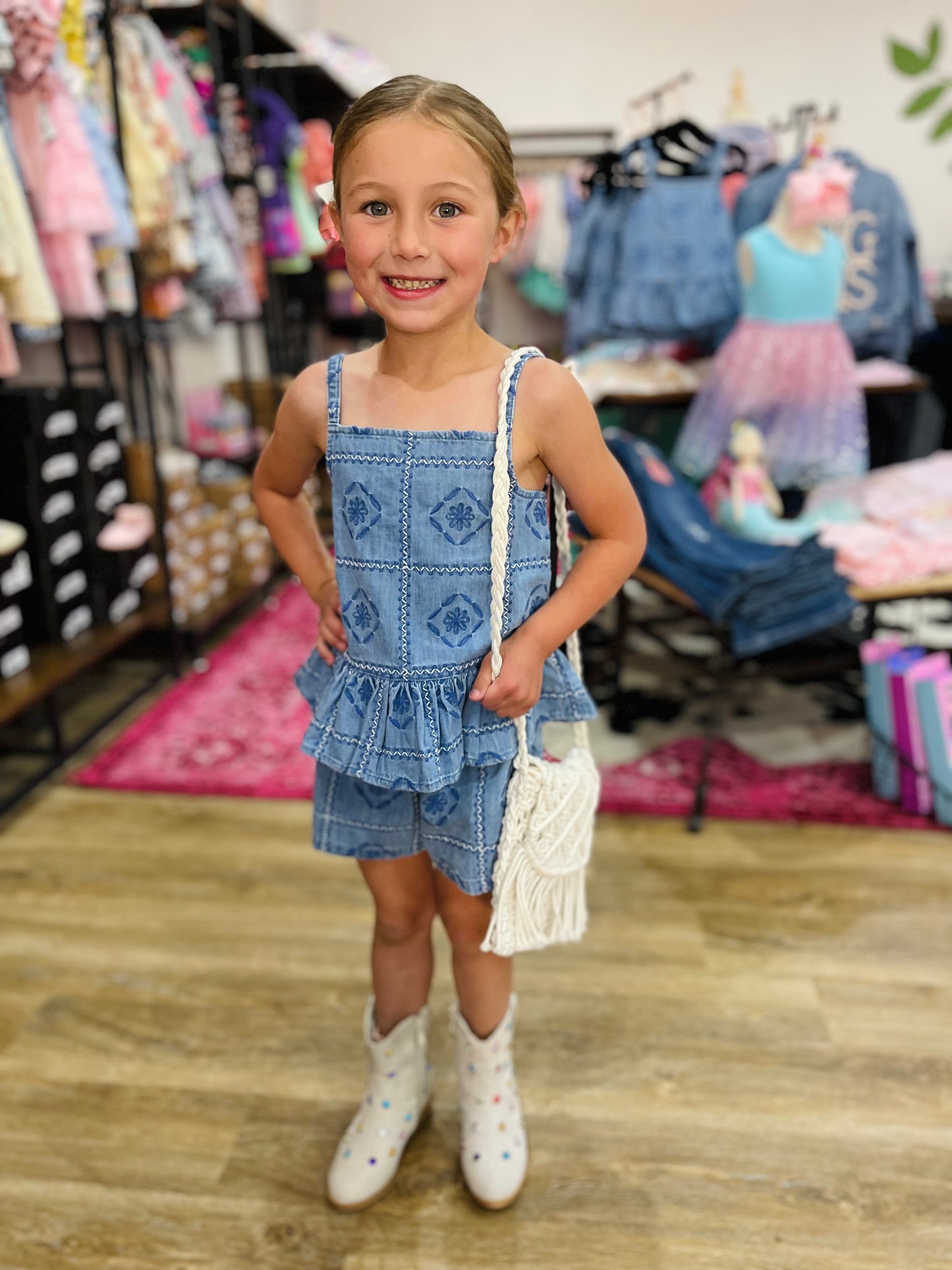 Clara Patterned Embroidered Tank & Shorts Set | Denim