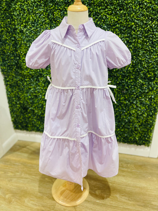 Contrast Piping Ribbon Buttoned Dress | Lilac