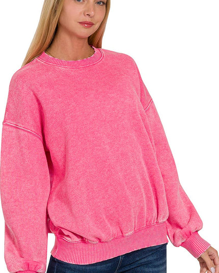 Acid Wash Fleece Oversized Pullover: FUCHSIA
