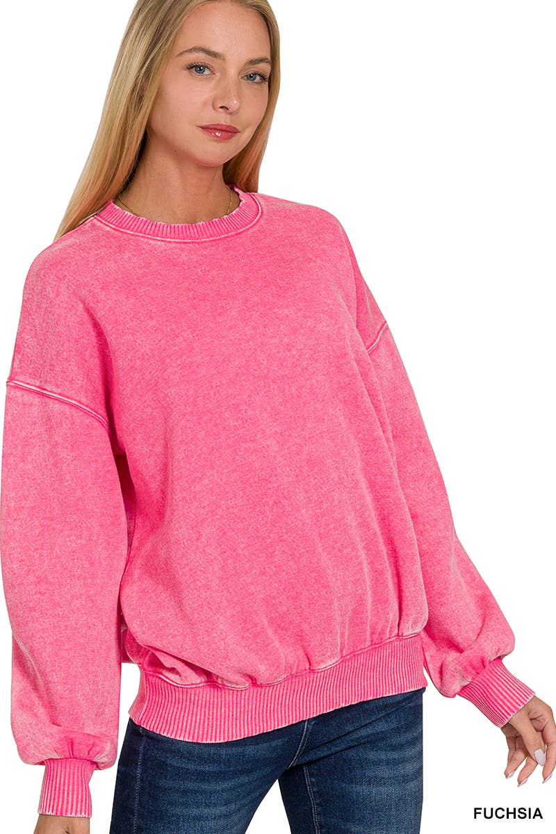 Acid Wash Fleece Oversized Pullover: FUCHSIA