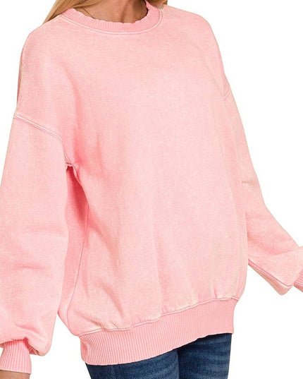 Acid Wash Fleece Oversized Pullover: DK PINK