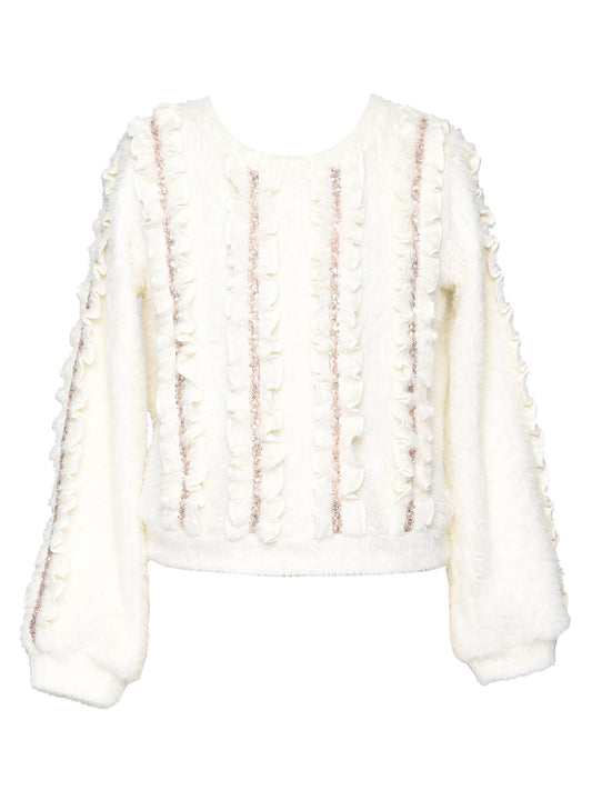 Fuzzy Knit Sweater With Sequin Ruffles