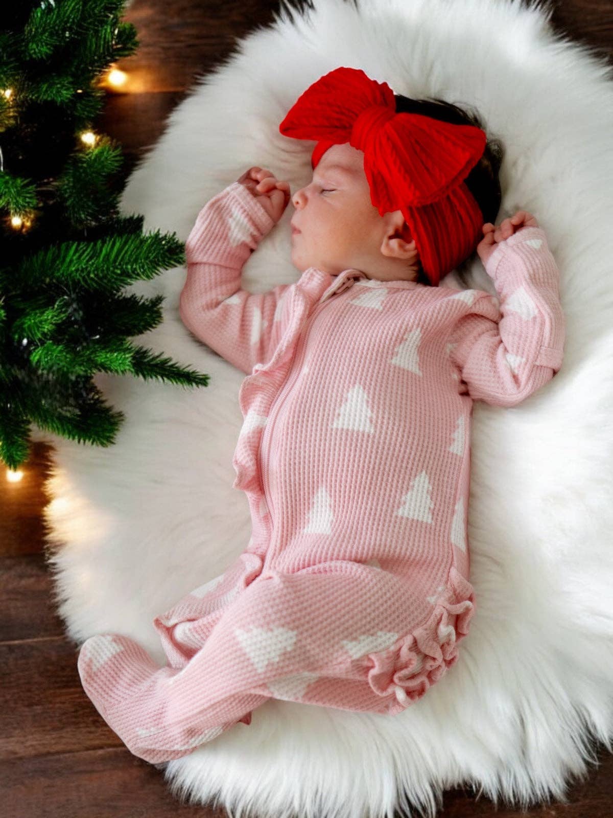 Organic Waffle Ruffle Zip Footie Pink Christmas Trees
