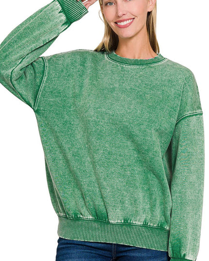 Acid Wash Fleece Oversized Pullover: FOREST