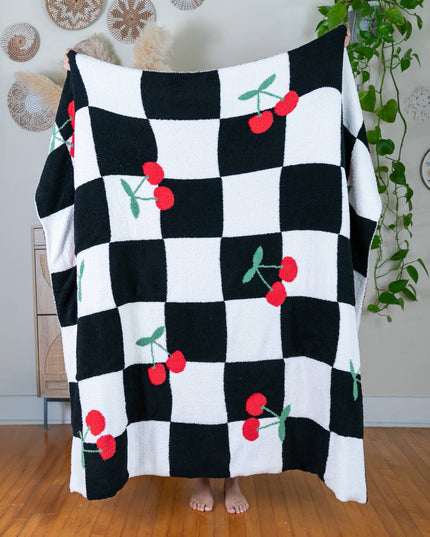 Checkered w/ Red Cherries Throw - Black & White