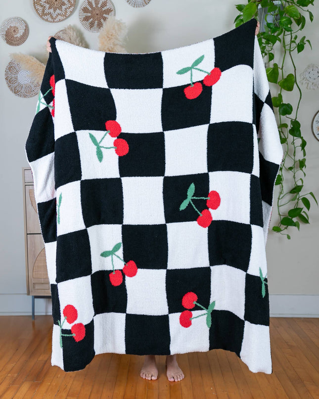 Checkered w/ Red Cherries Throw - Black & White