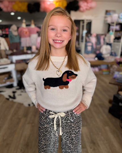Fuzzy Dachshund Appliqué Knit Sweater | Oatmeal
