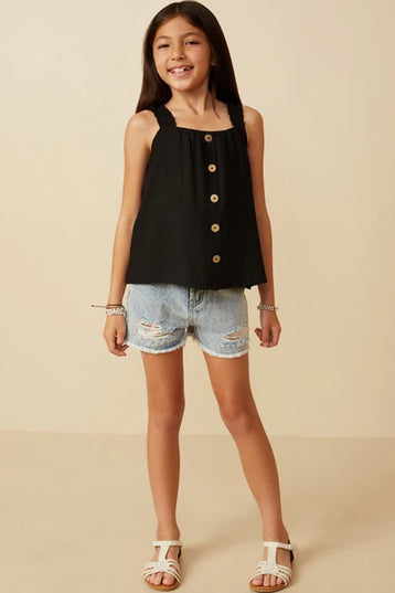 Button Detail Ruffle Strap Tank | Black