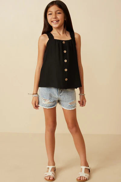 Button Detail Ruffle Strap Tank | Black