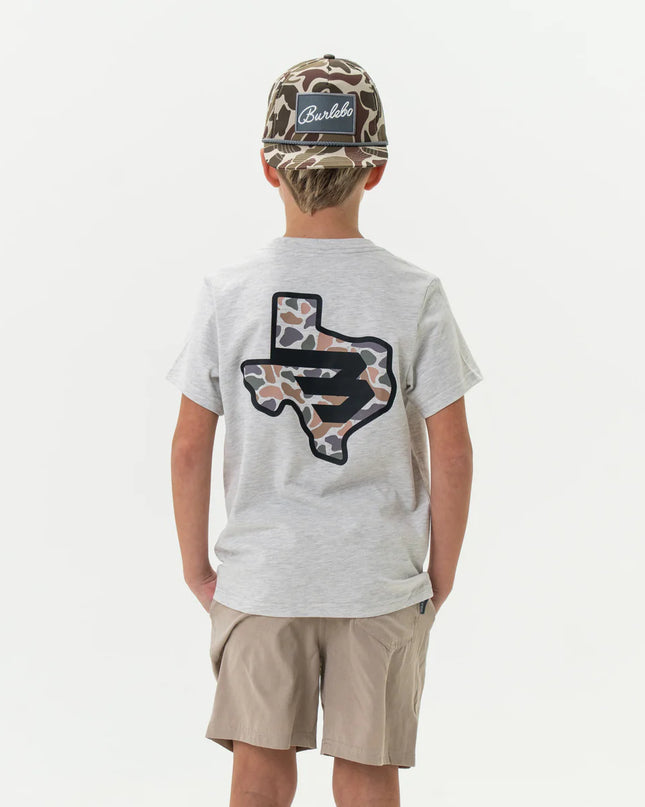 Youth Tee | Texas Camo Flying B | Heather Ash Grey