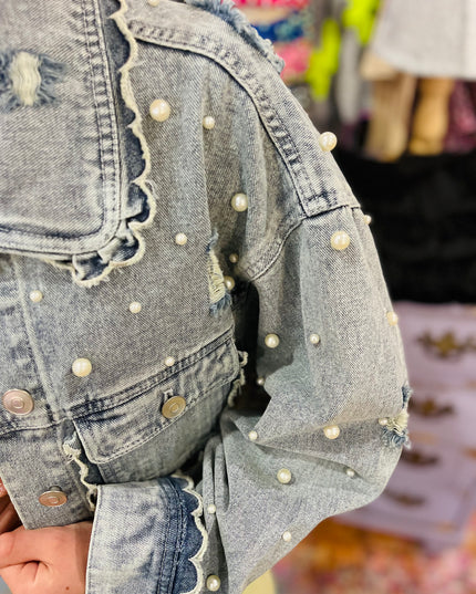 Light Wash Denim Jacket With Pearls