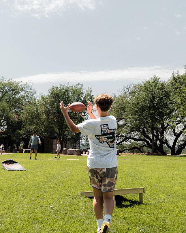Youth Tee | Texas Camo Flying B | Heather Ash Grey