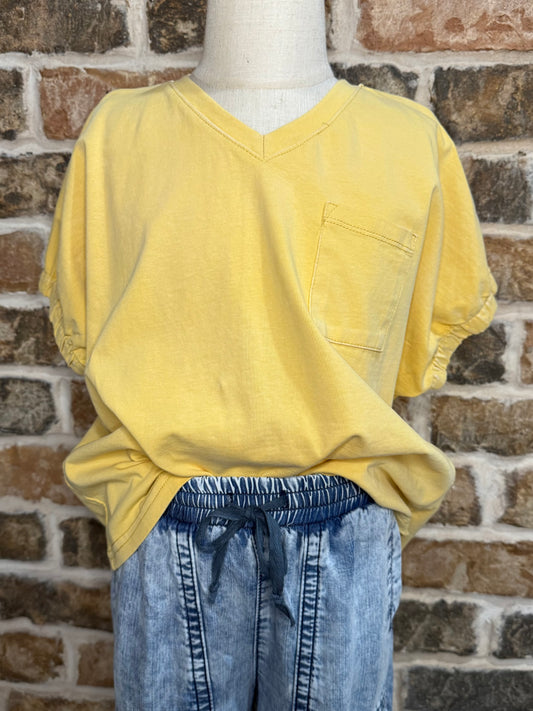Garment Washed V-Neck Slouchy Pocket Tee - Butter
