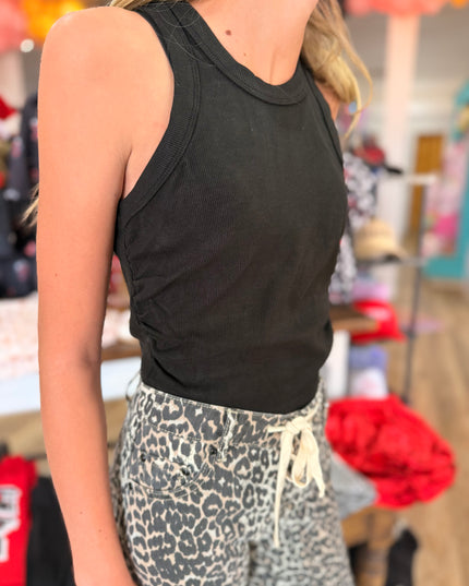 Rayon Rib Shirred Sleeveless Tank | Black