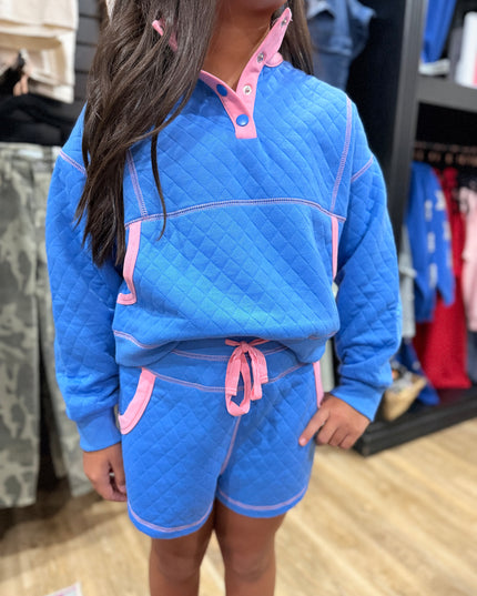 Quilted Contrast Pocket Opening & Stitch Shorts Set | Royal Blue/ Pink