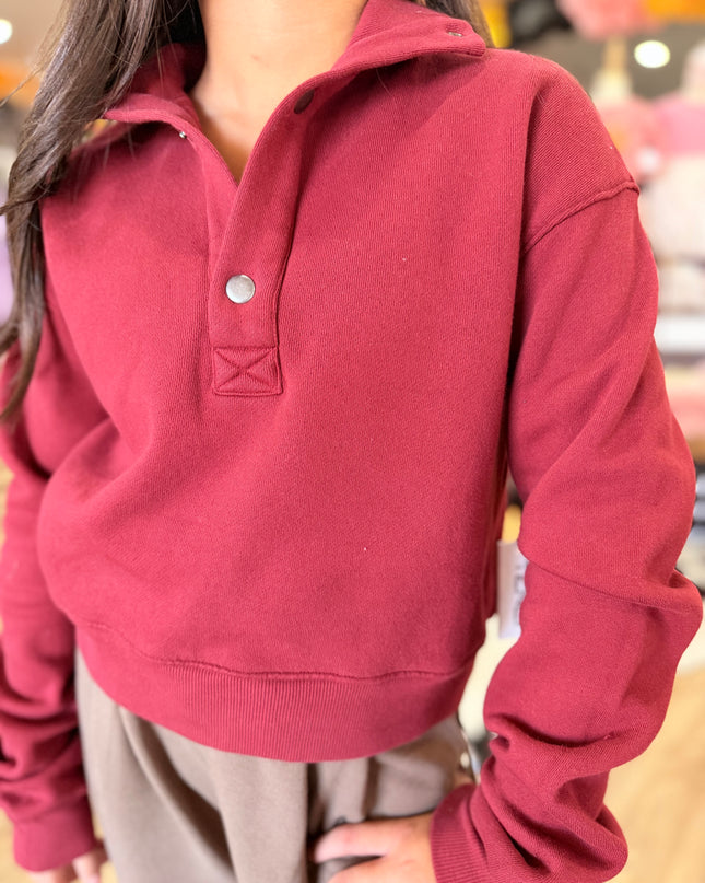 Fleece Henley Snap-Button Pullover | Cherry Jubilee
