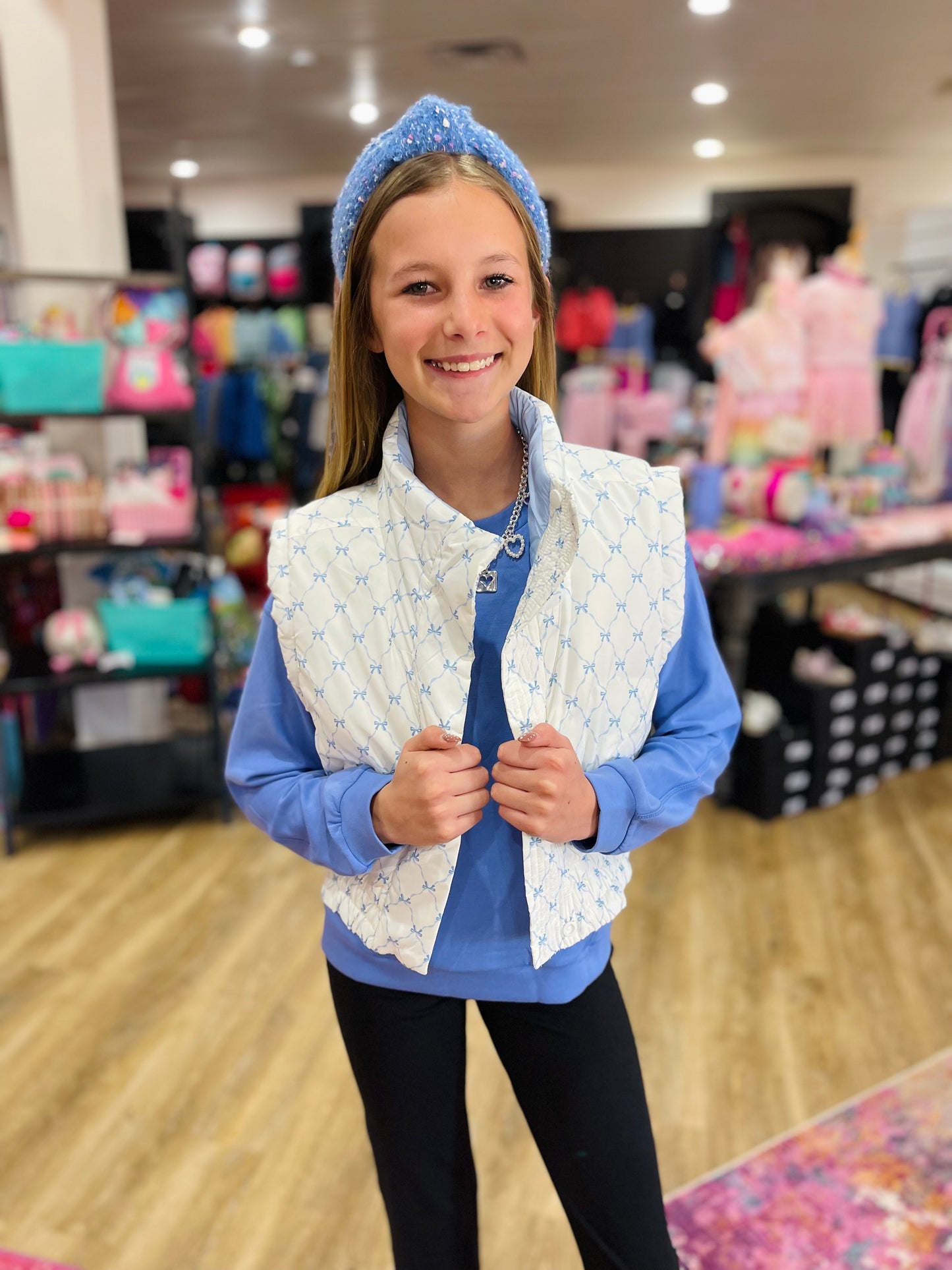 Blue Bow Trellis Puffer Vest