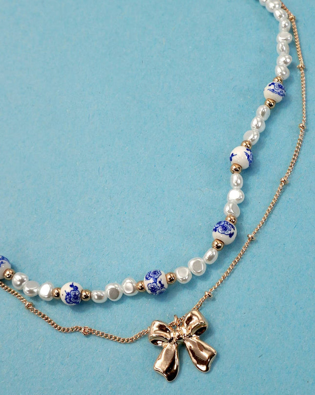 Porcelain Pearl + Gold Bow Necklace