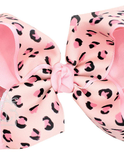 LAYERED LEOPARD BOW ON CLIP: 6.5" Jumbo - 2.25" & 2" Ribbons on Lg. Alligator Clip / BLACK/MULTI LEOPARD