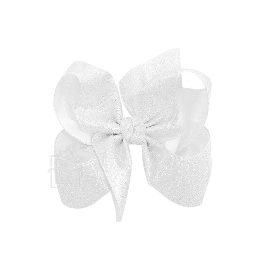 GLITTER METALLIC BOW ON CLIP: 6.5" Jumbo - 2.5" Ribbon on Lg. Alligator Clip / WHITE