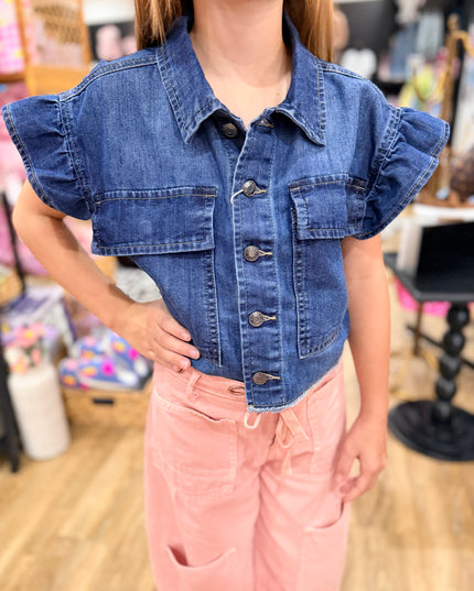 Ruffle Sleeve Denim Top | Indigo