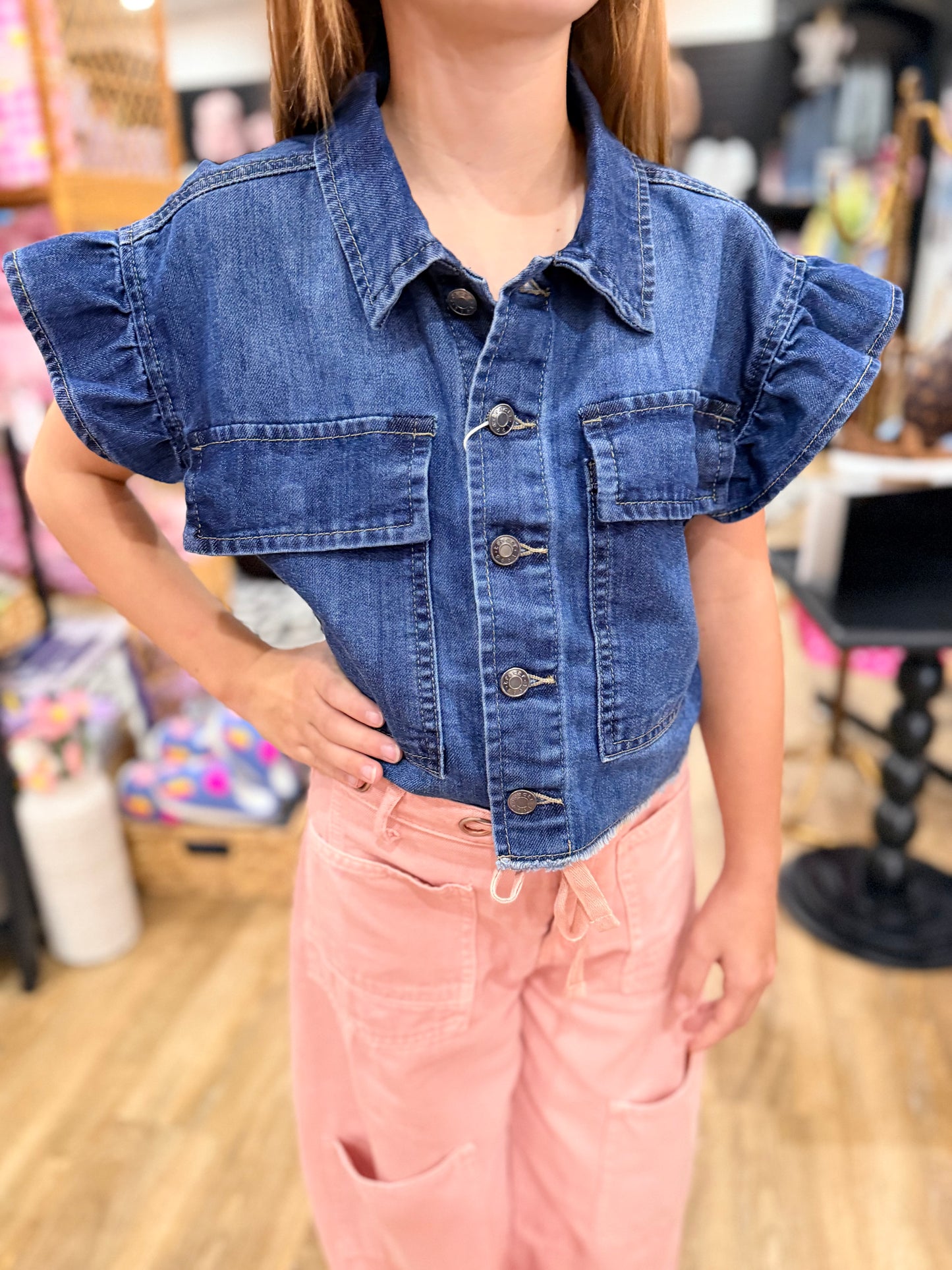 Ruffle Sleeve Denim Top | Indigo