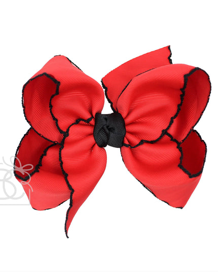 Crochet Edge Bows (Red & Black): 5.5" Huge - 2.25" Ribbon on Alligator Clip