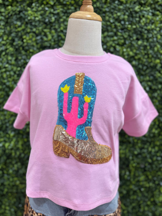 Sequined Cactus Boot Patch Knit Tee | Pink