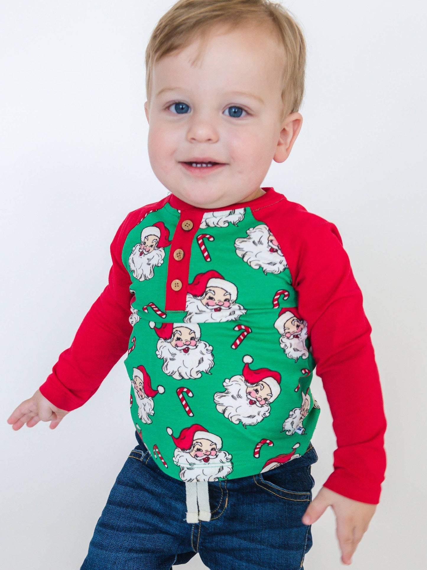 Green Santa Joy Long Sleeve Raglan Henley Tee