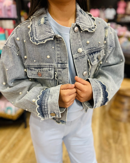 Light Wash Denim Jacket With Pearls
