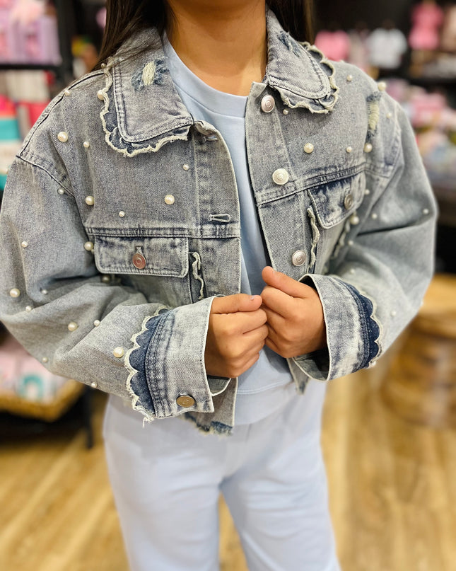 Light Wash Denim Jacket With Pearls