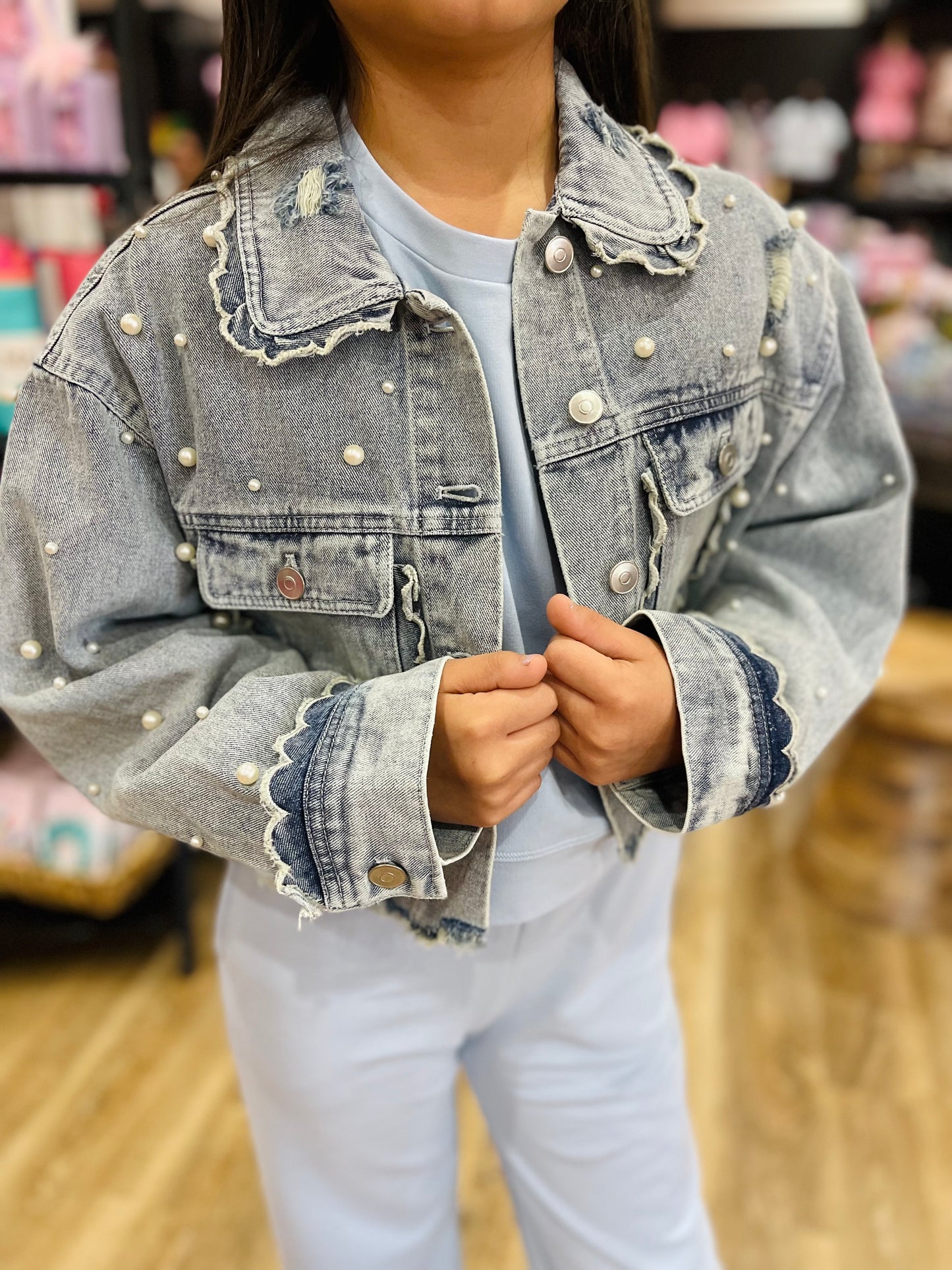 Light Wash Denim Jacket With Pearls