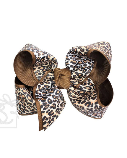LAYERED LEOPARD BOW ON CLIP: 6.5" Jumbo - 2.25" & 2" Ribbons on Lg. Alligator Clip / OATMEAL/MULTI LEOPARD