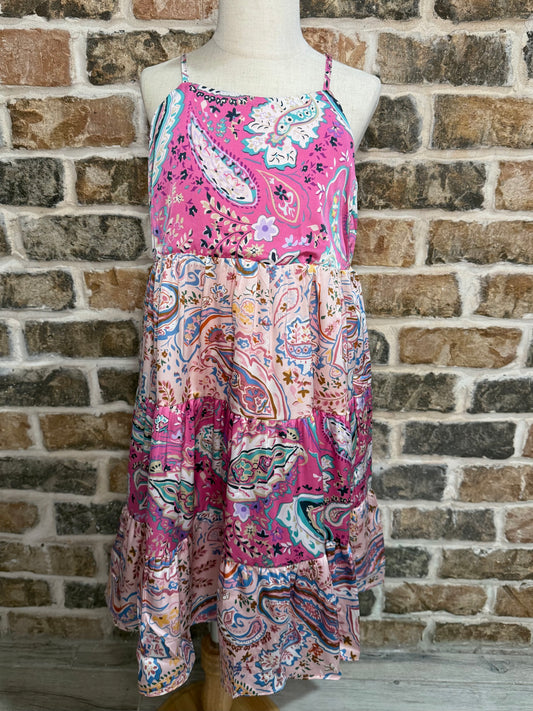 Paisley Print Tiered Satin Dress