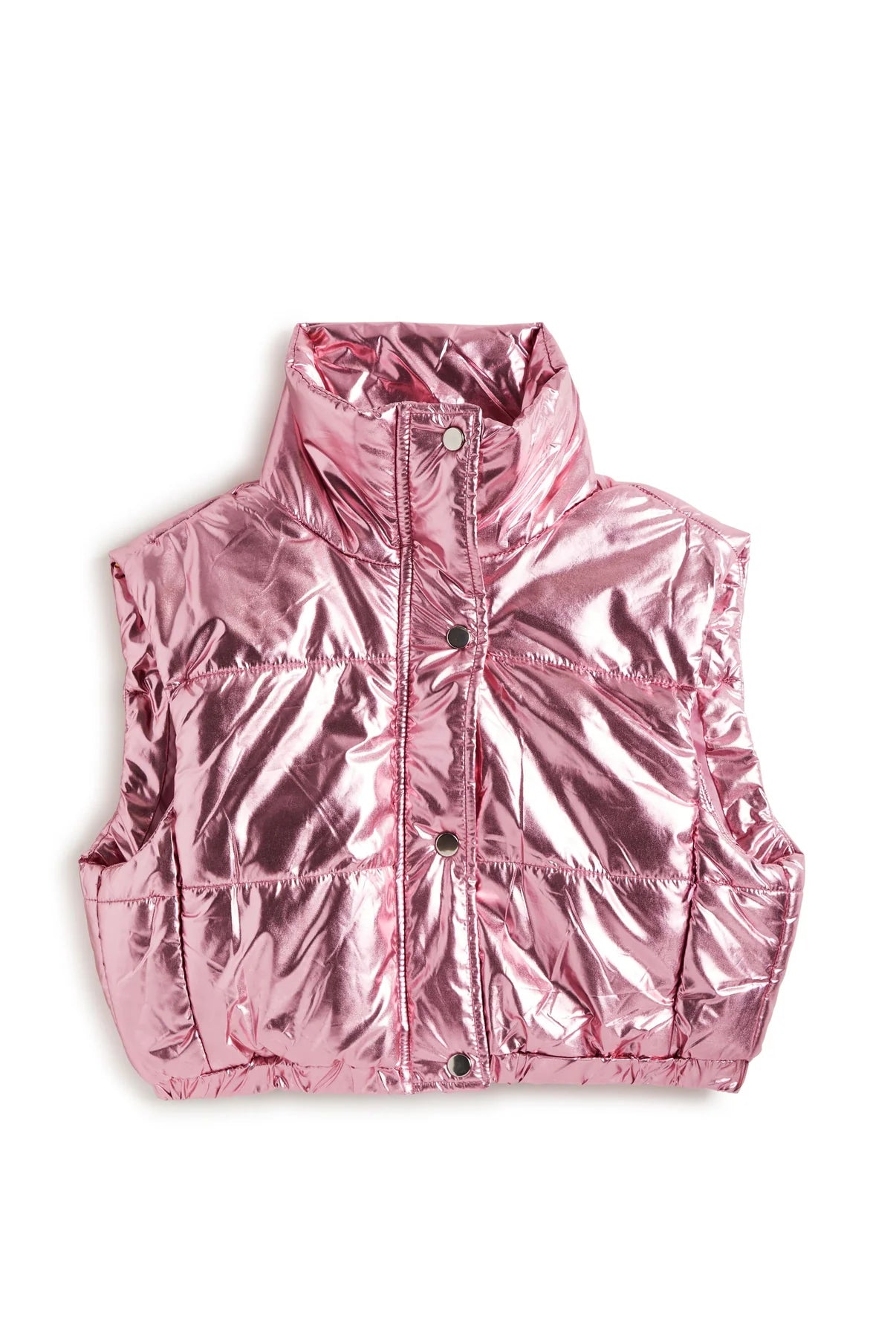Metallic Cropped Puffer Vest - Rose