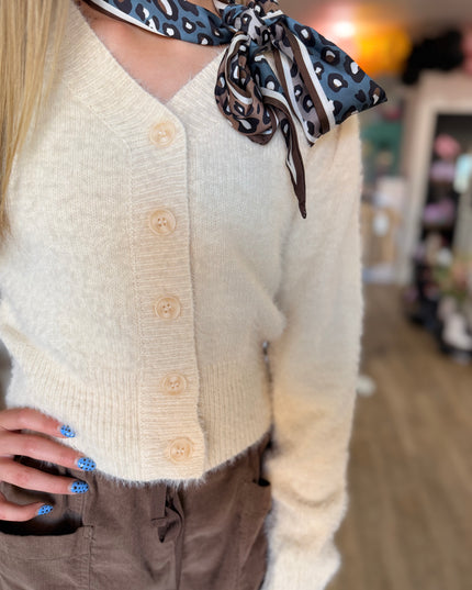 Eyelash V-Neck Button Down Cardigan | Cream