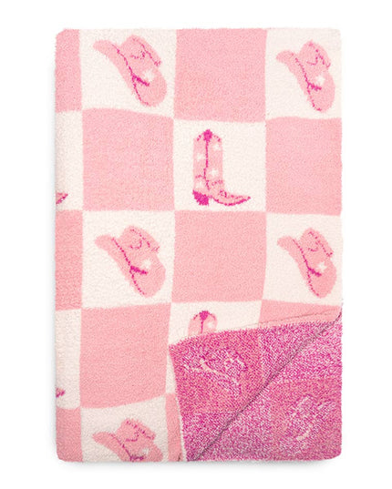 Throw Blanket - Checkered w/ Western Cowgirl - Pink & White