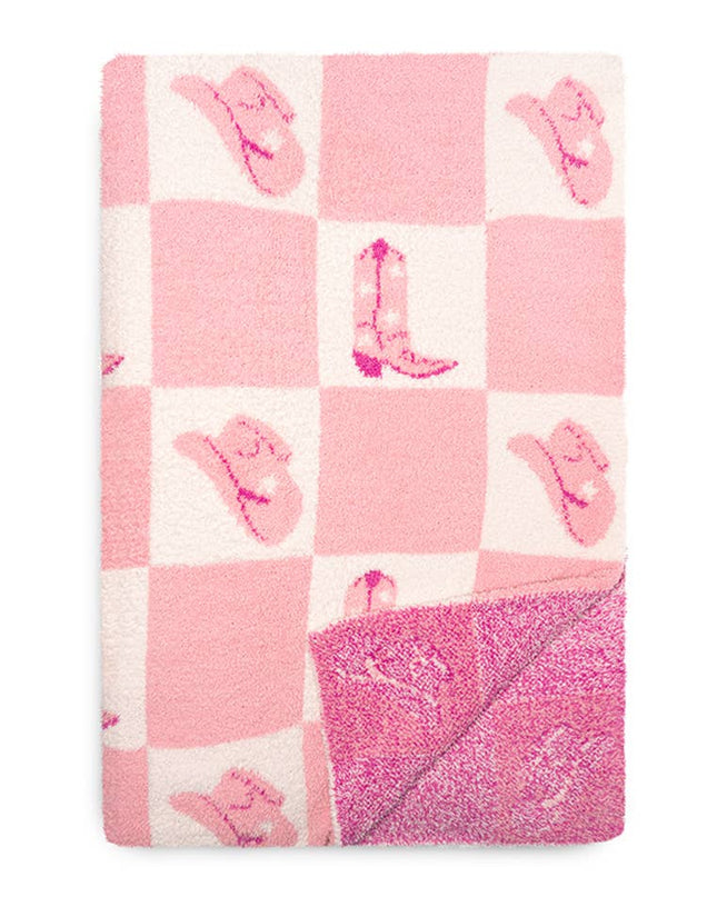 Throw Blanket - Checkered w/ Western Cowgirl - Pink & White