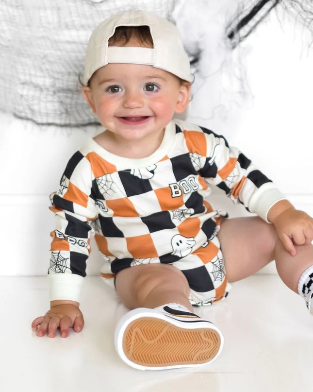 Boo Checkered Halloween Romper