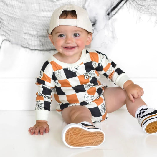 Boo Checkered Halloween Romper