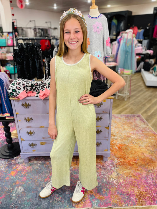 Stitch Detailed Ribbed Knit Sleeveless Jumpsuit | Green