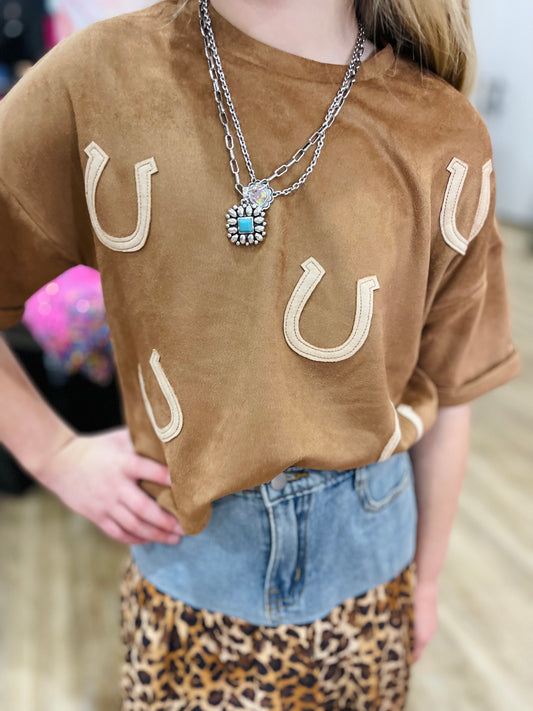 Horseshoe Patched Drop Shoulder Suede Tee