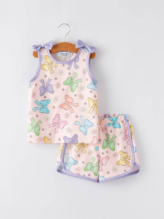 Girls Purple Bow Sleeveless Vest Top and Shorts Set: 2