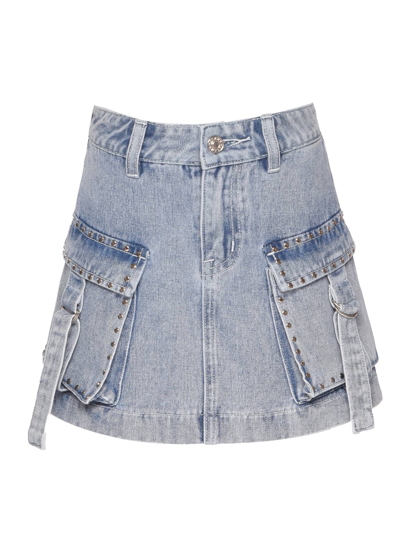 Denim Skirt With Studded Cargo Pockets | Stonewash
