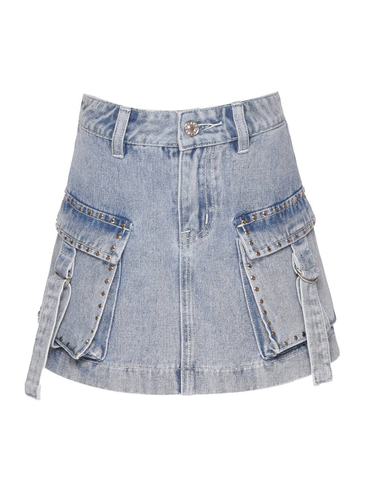 Denim Skirt With Studded Cargo Pockets | Stonewash